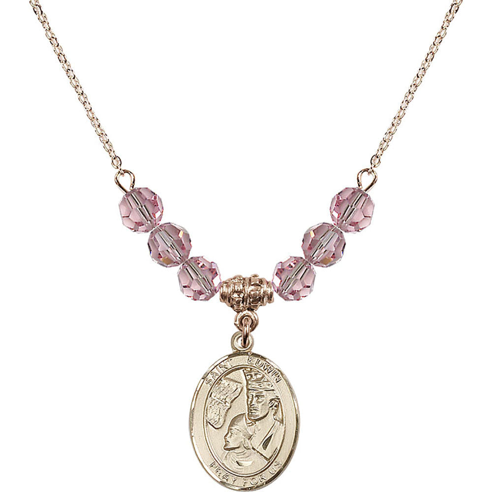 14kt Gold Filled Saint Edwin Birthstone Necklace with Light Rose Beads - 8361