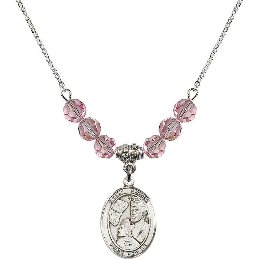 Sterling Silver Saint Edwin Birthstone Necklace with Light Rose Beads - 8361