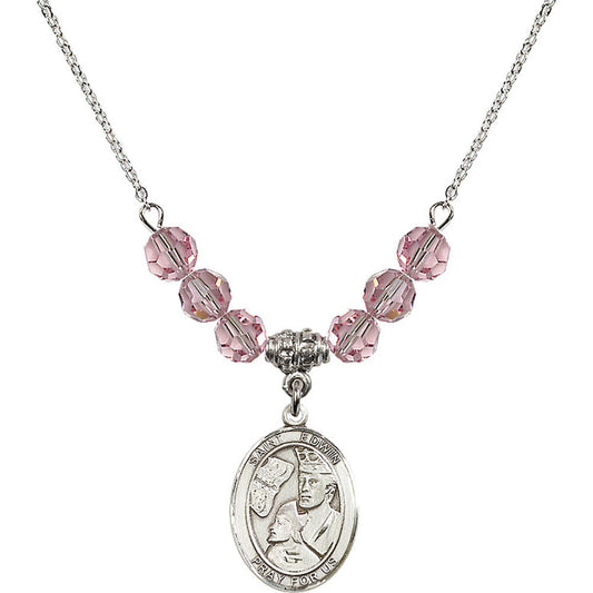 Sterling Silver Saint Edwin Birthstone Necklace with Light Rose Beads - 8361