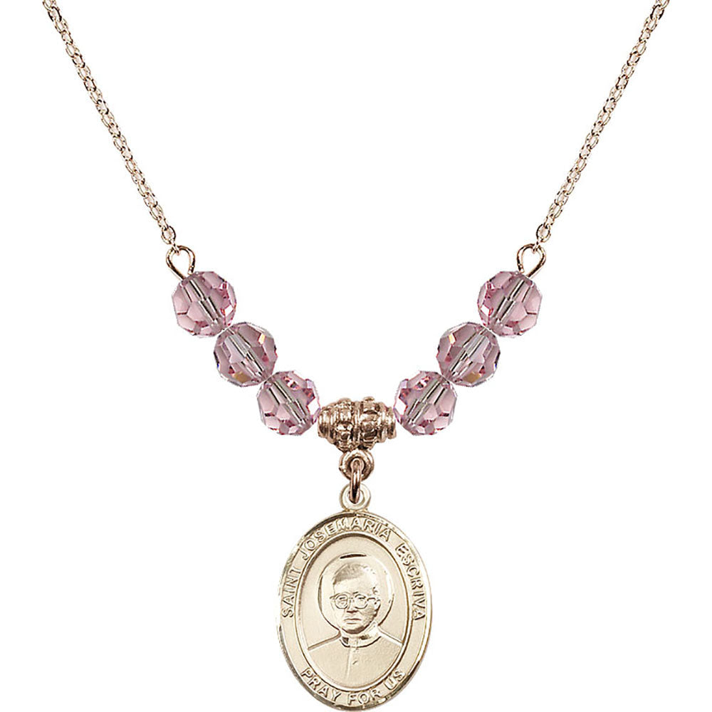 14kt Gold Filled Saint Josemaria Escriva Birthstone Necklace with Light Rose Beads - 8362
