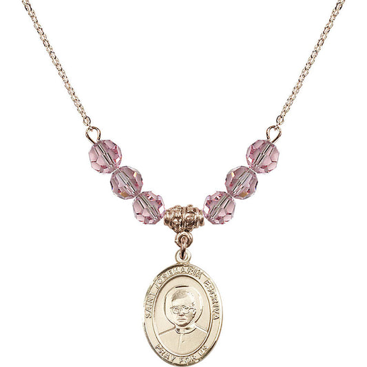 14kt Gold Filled Saint Josemaria Escriva Birthstone Necklace with Light Rose Beads - 8362