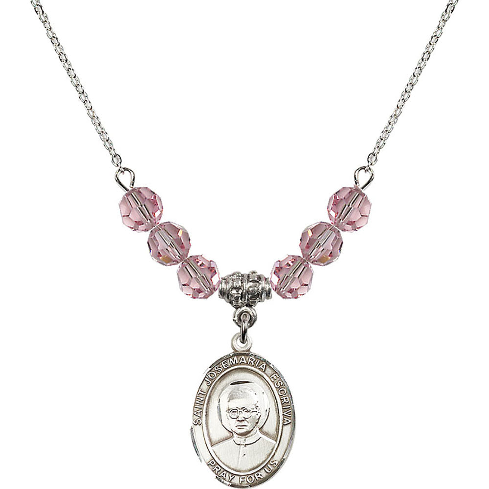 Sterling Silver Saint Josemaria Escriva Birthstone Necklace with Light Rose Beads - 8362