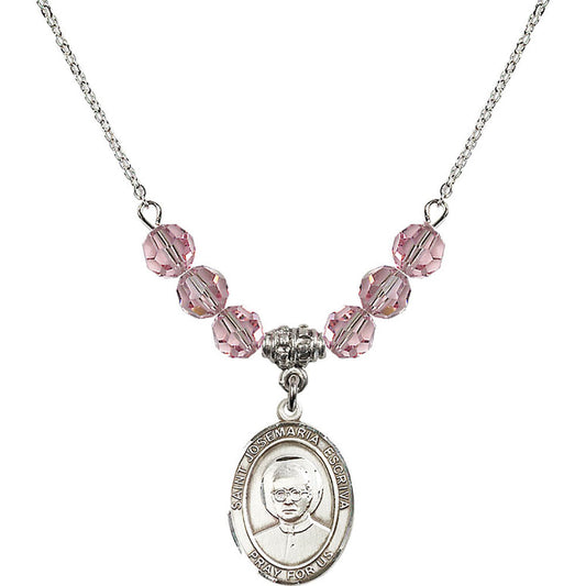 Sterling Silver Saint Josemaria Escriva Birthstone Necklace with Light Rose Beads - 8362