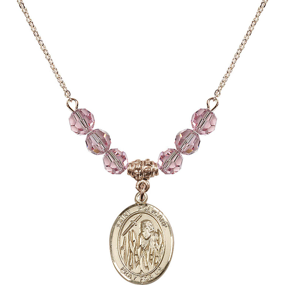 14kt Gold Filled Saint Polycarp of Smyrna Birthstone Necklace with Light Rose Beads - 8363