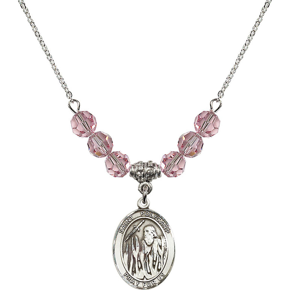 Sterling Silver Saint Polycarp of Smyrna Birthstone Necklace with Light Rose Beads - 8363