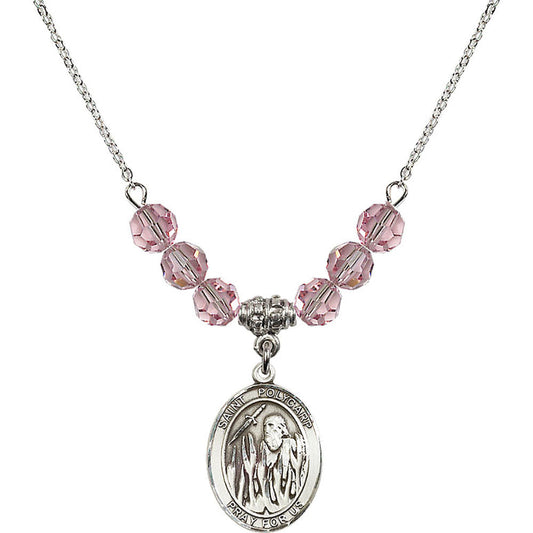 Sterling Silver Saint Polycarp of Smyrna Birthstone Necklace with Light Rose Beads - 8363