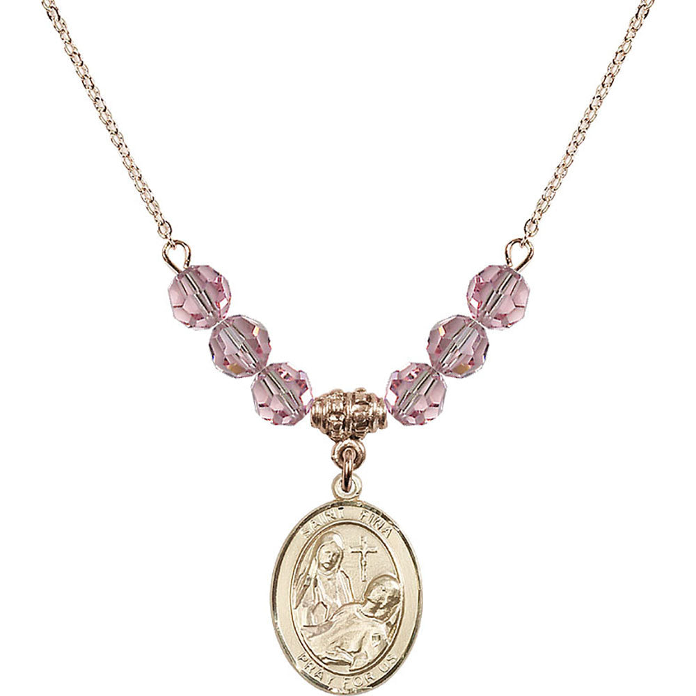 14kt Gold Filled Saint Fina Birthstone Necklace with Light Rose Beads - 8364