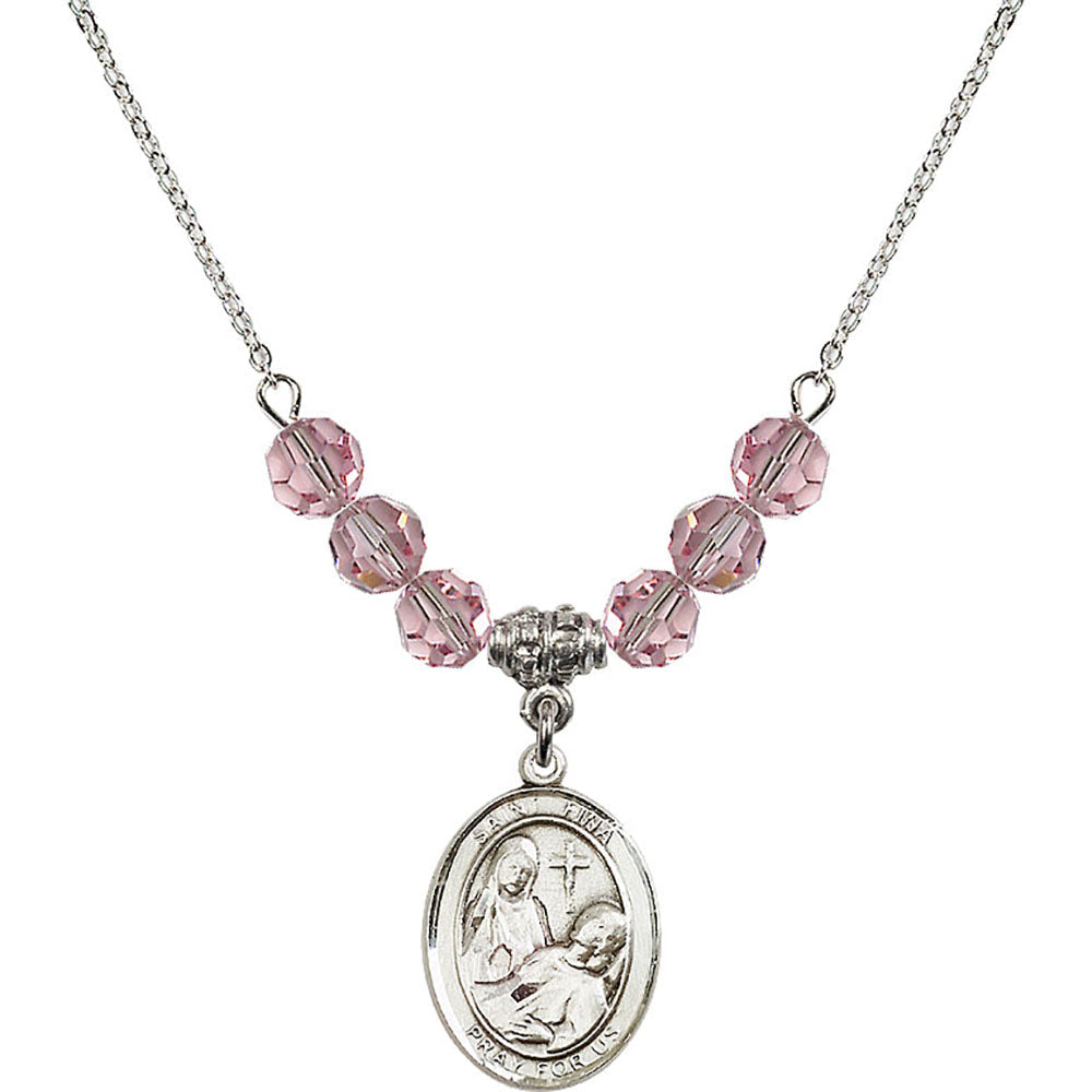 Sterling Silver Saint Fina Birthstone Necklace with Light Rose Beads - 8364