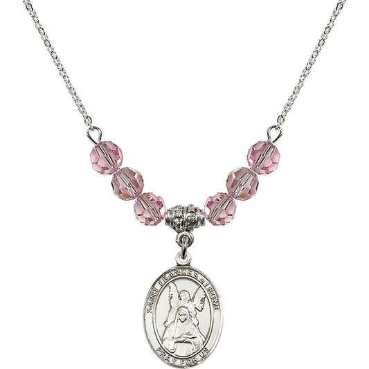 Sterling Silver Saint Frances of Rome Birthstone Necklace with Light Rose Beads - 8365