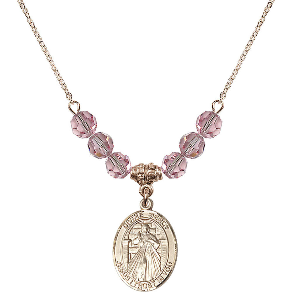 14kt Gold Filled Divine Mercy Birthstone Necklace with Light Rose Beads - 8366
