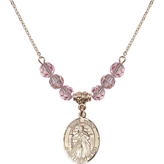 14kt Gold Filled Divine Mercy Birthstone Necklace with Light Rose Beads - 8366