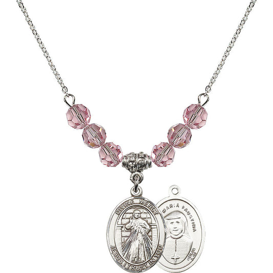 Sterling Silver Divine Mercy Birthstone Necklace with Light Rose Beads - 8366