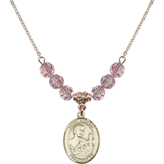 14kt Gold Filled Saint Kieran Birthstone Necklace with Light Rose Beads - 8367
