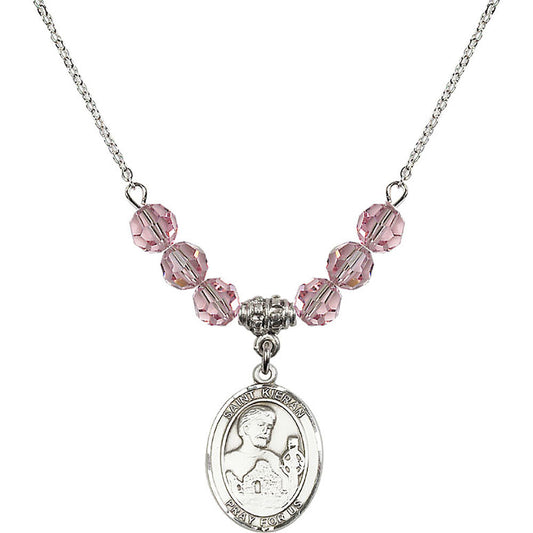 Sterling Silver Saint Kieran Birthstone Necklace with Light Rose Beads - 8367