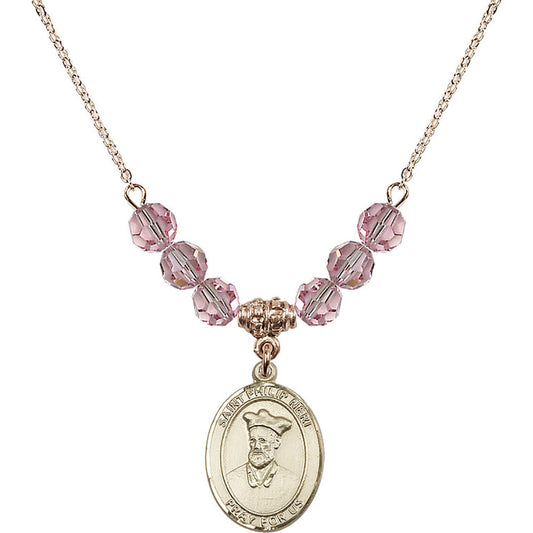 14kt Gold Filled Saint Philip Neri Birthstone Necklace with Light Rose Beads - 8369