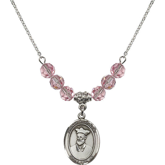Sterling Silver Saint Philip Neri Birthstone Necklace with Light Rose Beads - 8369