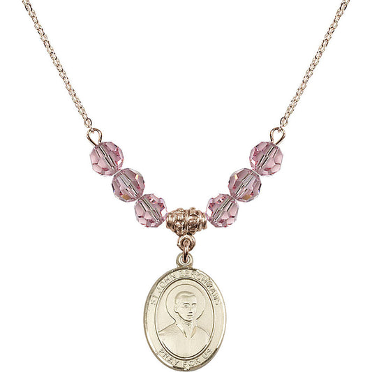 14kt Gold Filled Saint John Berchmans Birthstone Necklace with Light Rose Beads - 8370