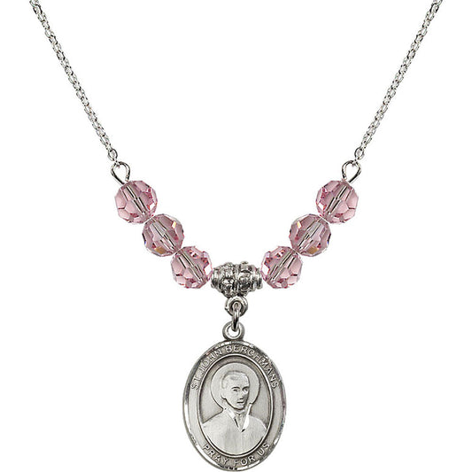 Sterling Silver Saint John Berchmans Birthstone Necklace with Light Rose Beads - 8370
