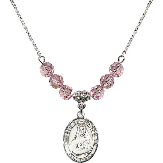 Sterling Silver Saint Rose Philippine Duchesne Birthstone Necklace with Light Rose Beads - 8371