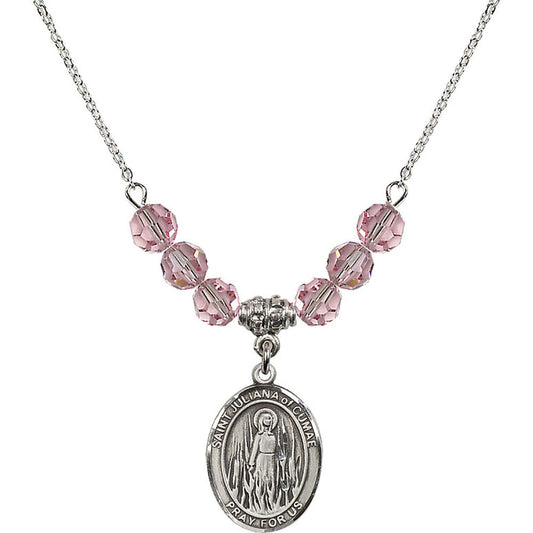 Sterling Silver Saint Juliana of Cumae Birthstone Necklace with Light Rose Beads - 8372