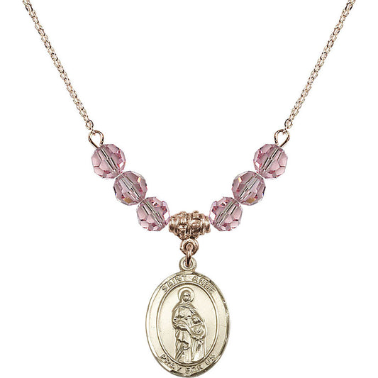 14kt Gold Filled Saint Anne Birthstone Necklace with Light Rose Beads - 8374