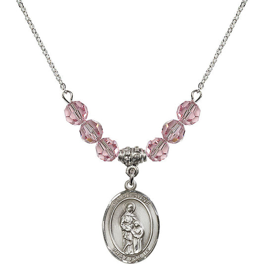 Sterling Silver Saint Anne Birthstone Necklace with Light Rose Beads - 8374