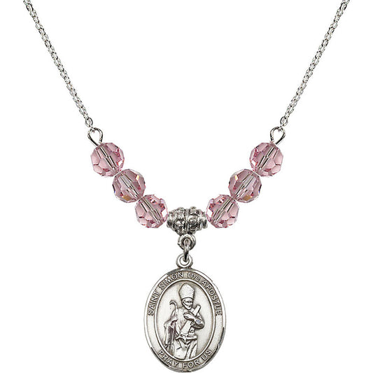 Sterling Silver Saint Simon the Apostle Birthstone Necklace with Light Rose Beads - 8375