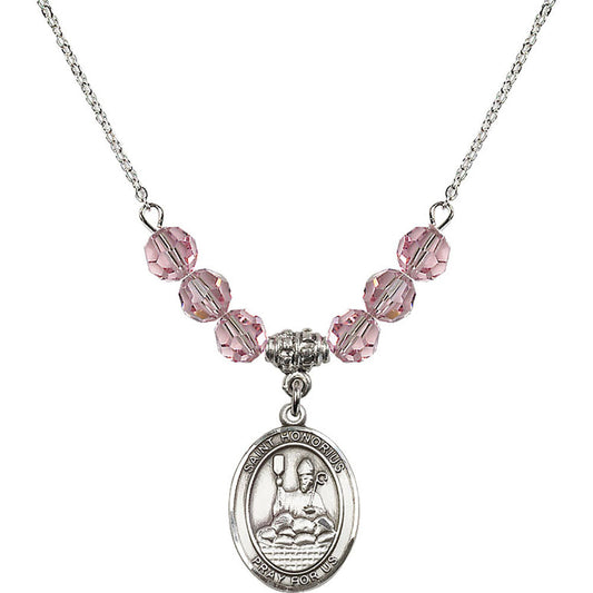 Sterling Silver Saint Honorius of Amiens Birthstone Necklace with Light Rose Beads - 8376