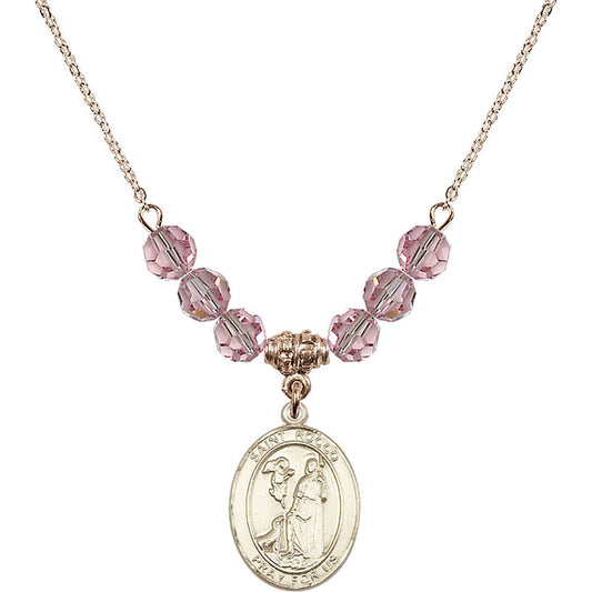 14kt Gold Filled Saint Rocco Birthstone Necklace with Light Rose Beads - 8377