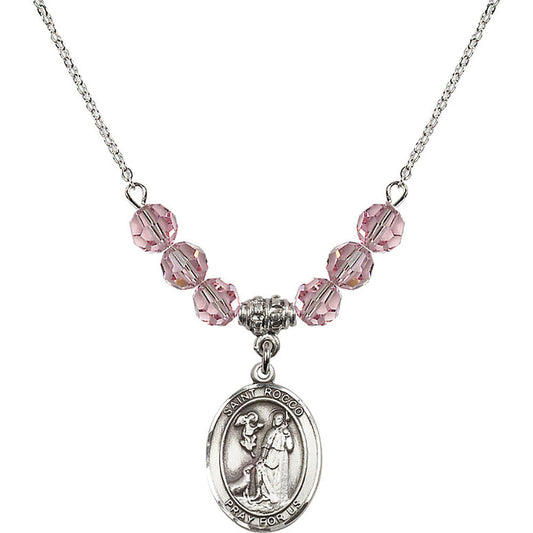 Sterling Silver Saint Rocco Birthstone Necklace with Light Rose Beads - 8377