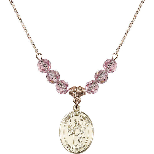 14kt Gold Filled Saint Uriel the Archangel Birthstone Necklace with Light Rose Beads - 8378