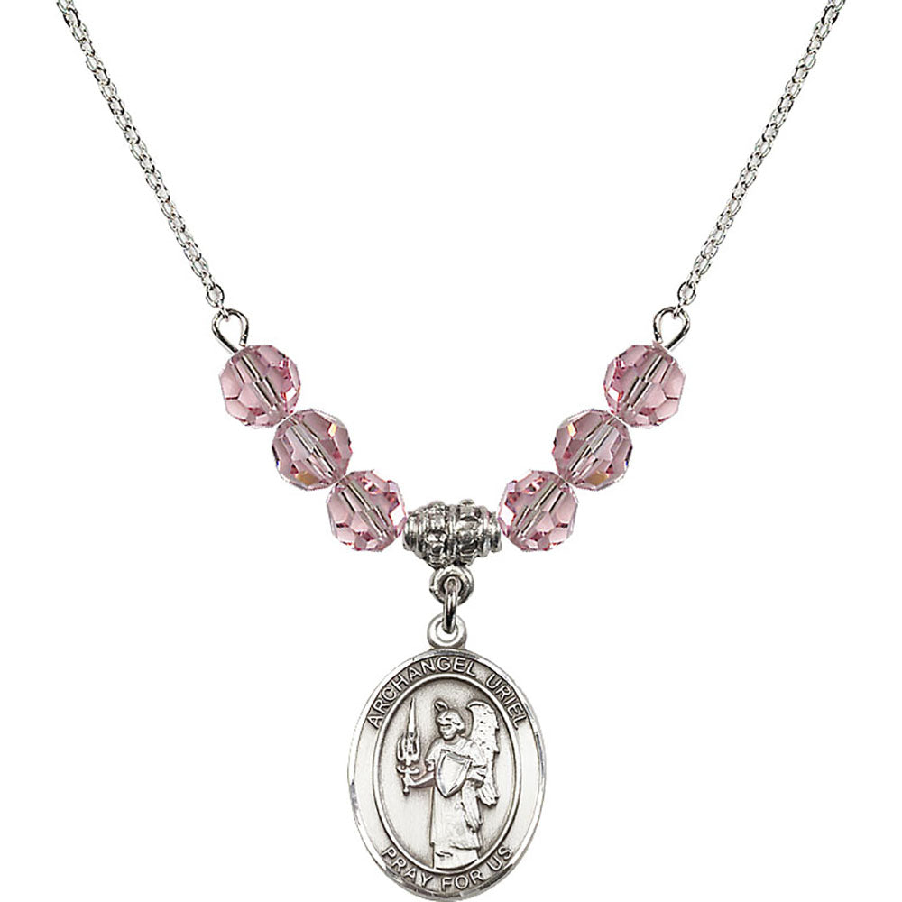 Sterling Silver Saint Uriel the Archangel Birthstone Necklace with Light Rose Beads - 8378