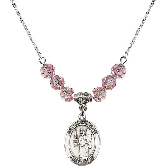 Sterling Silver Saint Uriel the Archangel Birthstone Necklace with Light Rose Beads - 8378