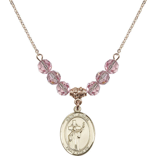 14kt Gold Filled Saint Aidan of Lindesfarne Birthstone Necklace with Light Rose Beads - 8381