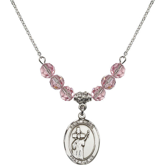 Sterling Silver Saint Aidan of Lindesfarne Birthstone Necklace with Light Rose Beads - 8381