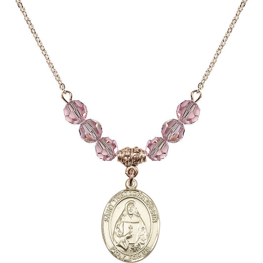 14kt Gold Filled Saint Theodora Birthstone Necklace with Light Rose Beads - 8382