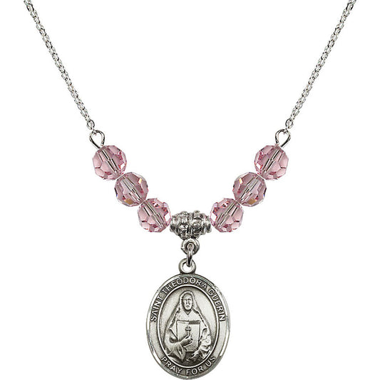 Sterling Silver Saint Theodora Birthstone Necklace with Light Rose Beads - 8382