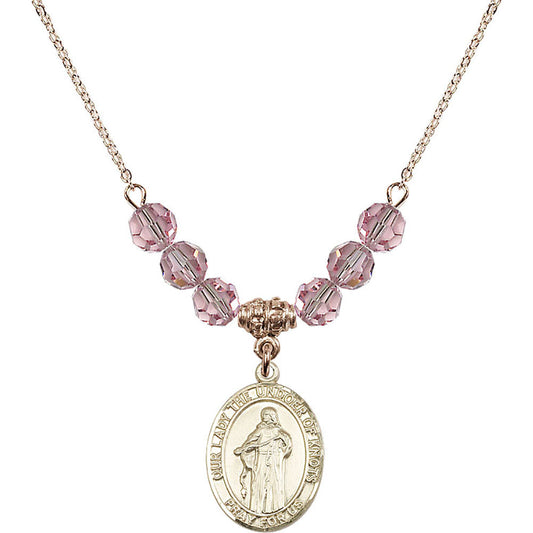 14kt Gold Filled Our Lady the Undoer of Knots Birthstone Necklace with Light Rose Beads - 8383