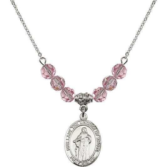 Sterling Silver Our Lady the Undoer of Knots Birthstone Necklace with Light Rose Beads - 8383