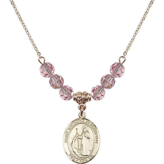 14kt Gold Filled Saint Raymond of Penafort Birthstone Necklace with Light Rose Beads - 8385
