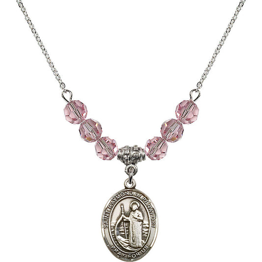 Sterling Silver Saint Raymond of Penafort Birthstone Necklace with Light Rose Beads - 8385