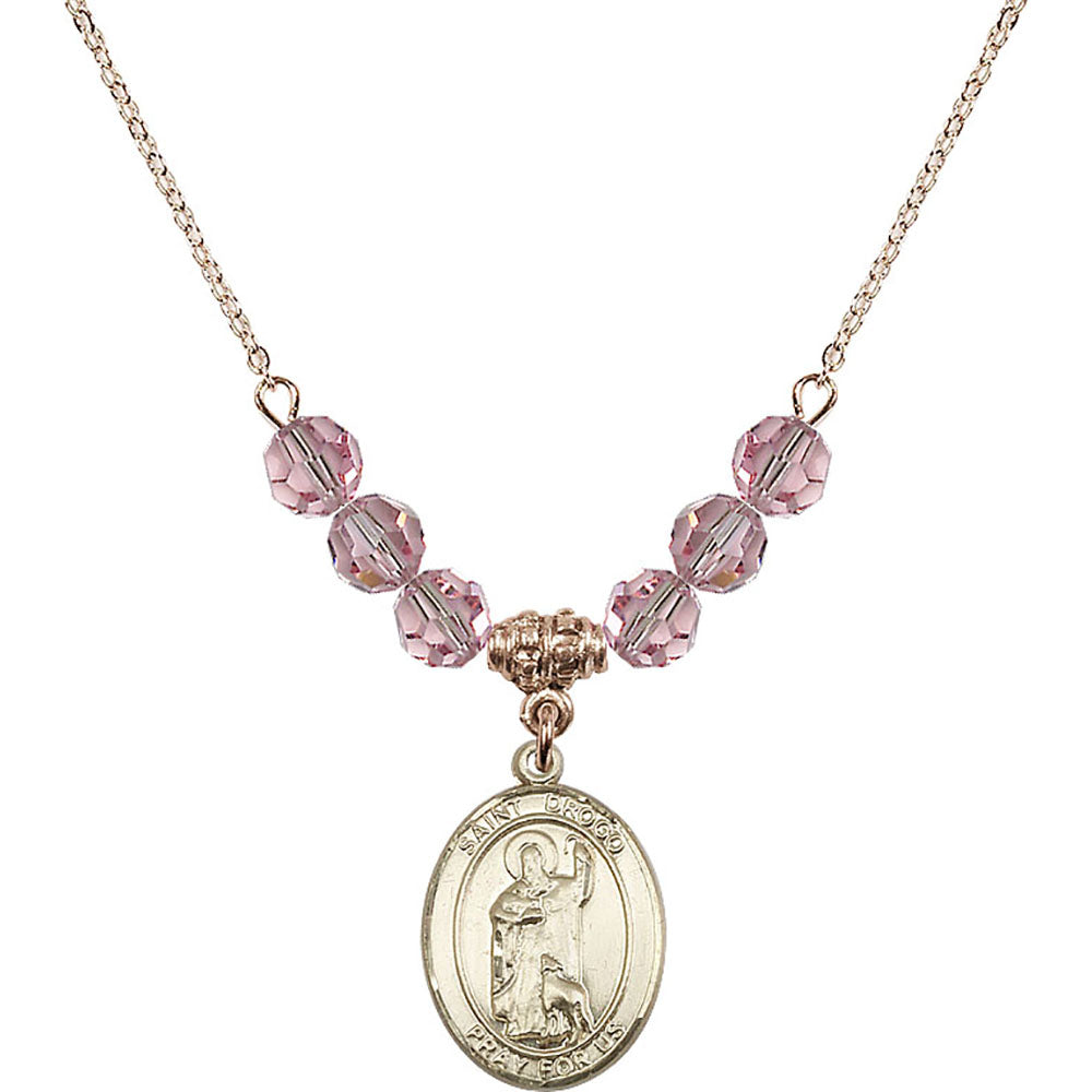 14kt Gold Filled Saint Drogo Birthstone Necklace with Light Rose Beads - 8386