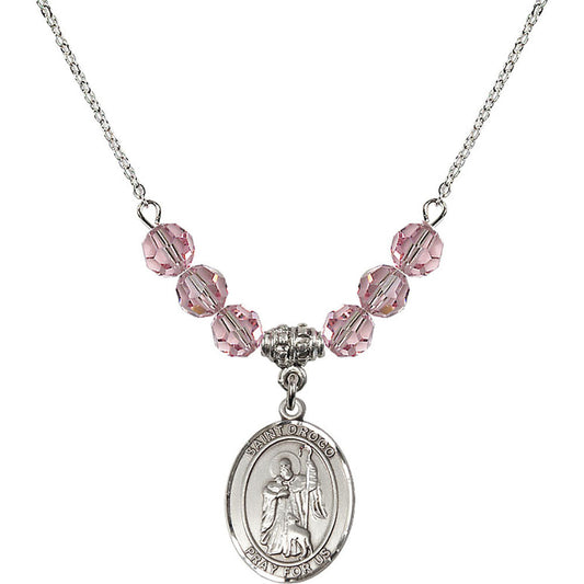 Sterling Silver Saint Drogo Birthstone Necklace with Light Rose Beads - 8386