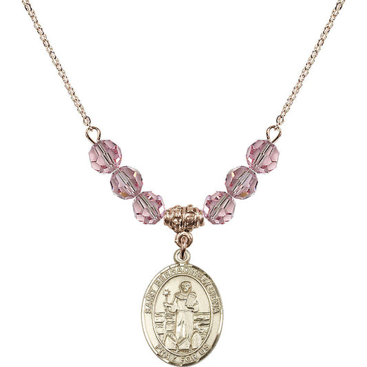 14kt Gold Filled Saint Bernadine of Sienna Birthstone Necklace with Light Rose Beads - 8387
