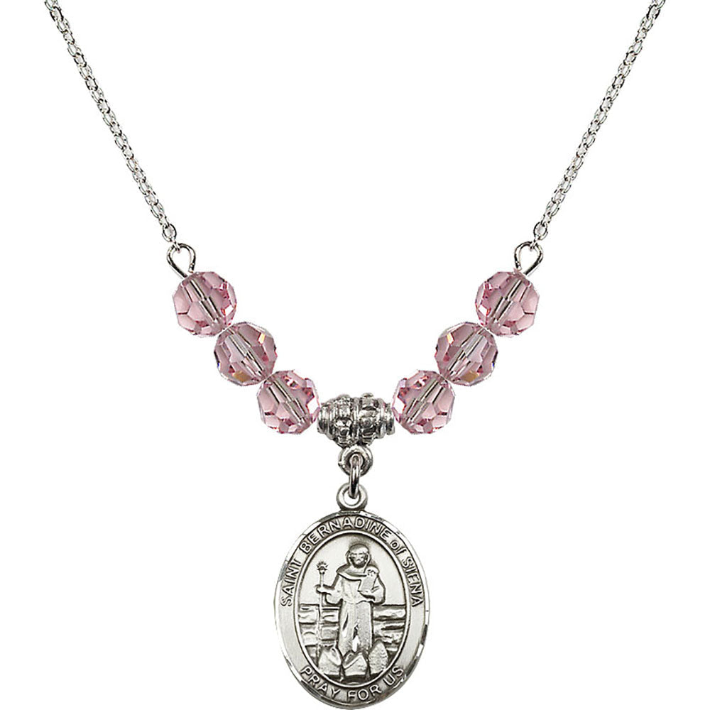 Sterling Silver Saint Bernadine of Sienna Birthstone Necklace with Light Rose Beads - 8387