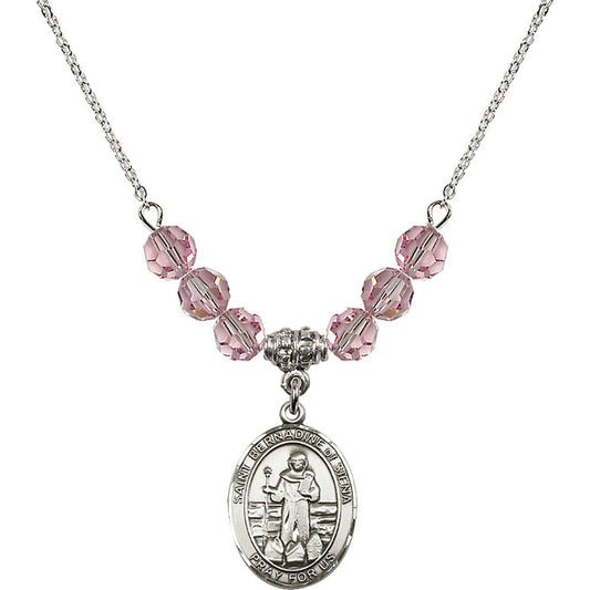 Sterling Silver Saint Bernadine of Sienna Birthstone Necklace with Light Rose Beads - 8387