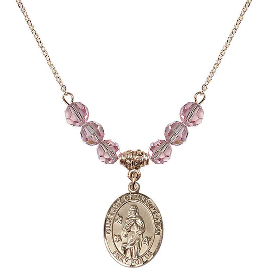 14kt Gold Filled Our Lady of Assumption Birthstone Necklace with Light Rose Beads - 8388