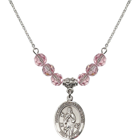 Sterling Silver Our Lady of Assumption Birthstone Necklace with Light Rose Beads - 8388