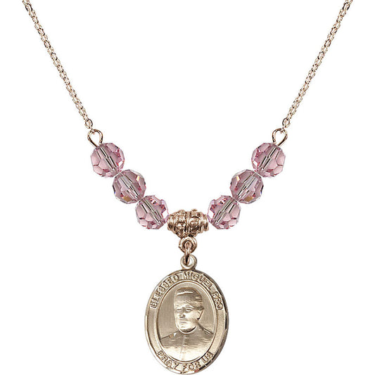 14kt Gold Filled Blessed Miguel Pro Birthstone Necklace with Light Rose Beads - 8389