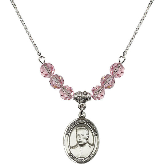 Sterling Silver Blessed Miguel Pro Birthstone Necklace with Light Rose Beads - 8389